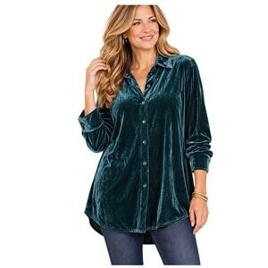 Soft Surroundings Green Velvet Button Front Boyfriend Tunic Top Size Large